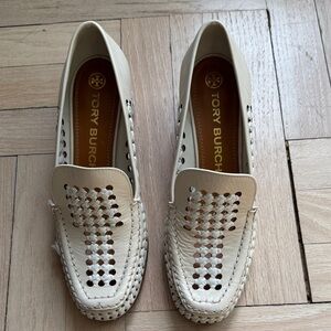 Tory Burch Ivory Woven Leather Heeled Loafers